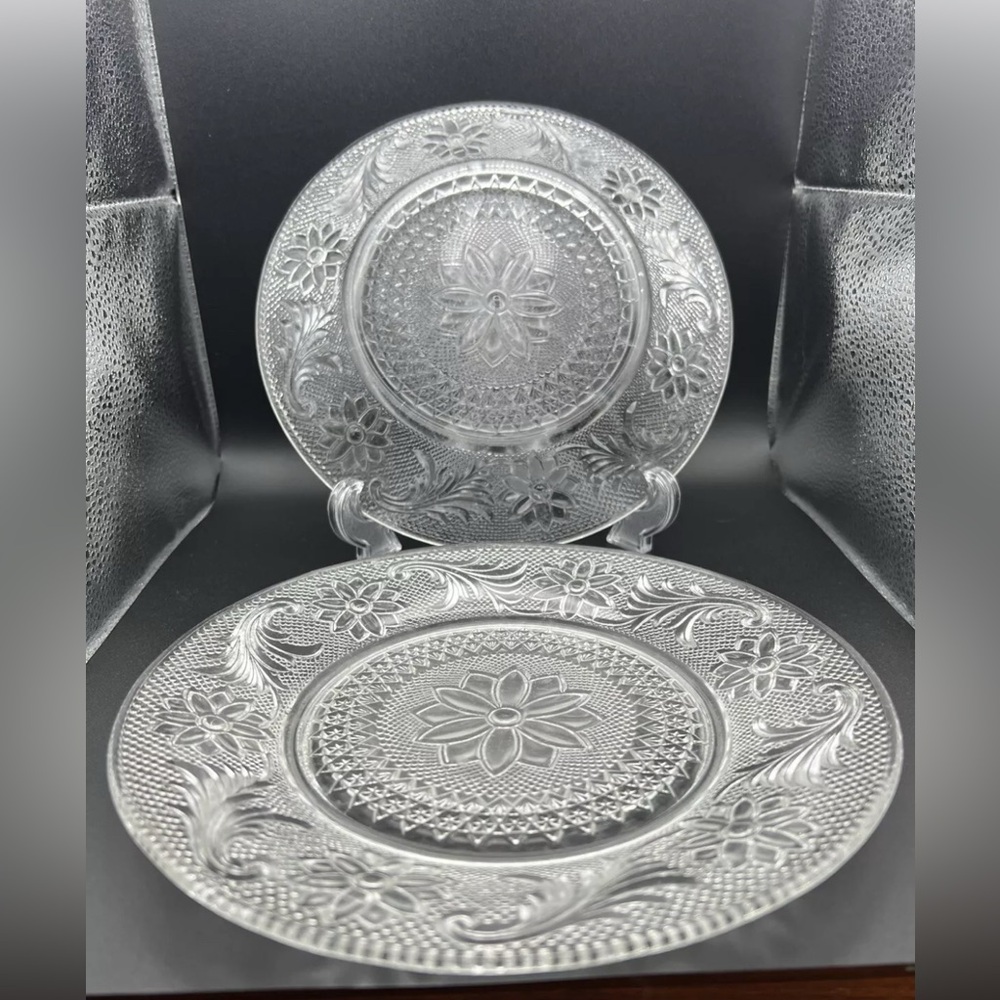 Sandwich Plates 8.25” Pair 2 Tiara Indiana Glass Textured Bottom Cut Glass Daisy